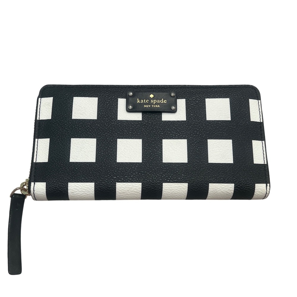 Kate Spade New York Gingham Checkered Zip Around Wallet Black White
